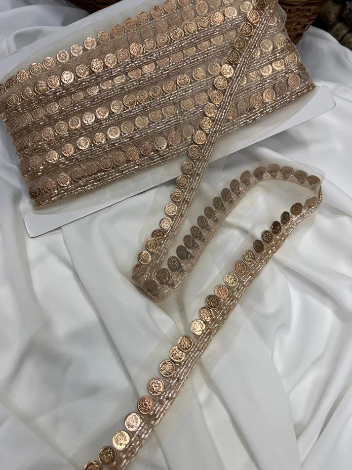 Handmade Coin Lace with Cutdana Handcrafted Border - Rose Gold